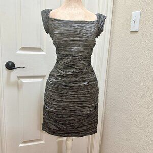 Jeanne Alexander Ruched Crinkle Midi Dress Size 12 Metallic Silver Off Shoulder
